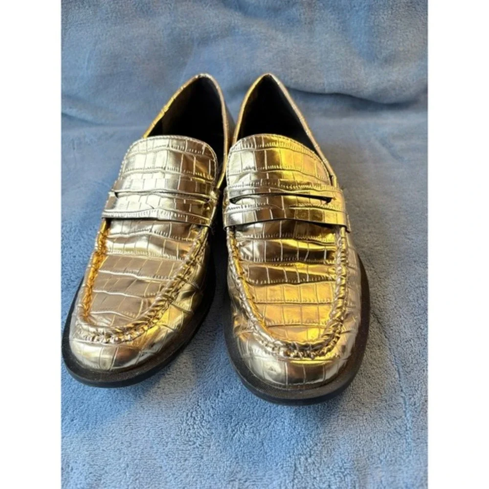 Zara Gold Metallic Croc Embossed Penny Loafers Size 38 Slip On‎ Shoes